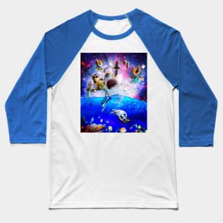 Rainbow Galaxy Cat Riding Shark In Space Baseball T-Shirt